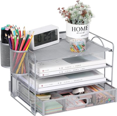 4-Trays Desktop File Organizer, Mesh Office Desk Supplies Organizer Document Letter Tray Holder with Drawer for Office Home(2 Pen Holder)