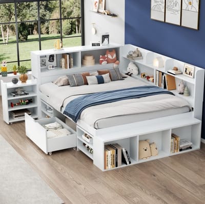MEUNIQ Kinderbed 140x200 cm met lattenbodem, lade, boekenrek en opbergruimte, bed zonder matras voor kinderkamer, wit