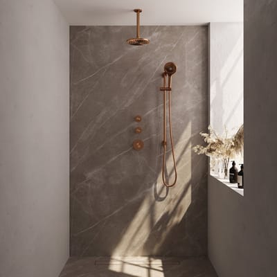 BRAUER Copper Carving thermostatische inbouw regendouche SET 23 met 20 cm douchekop en plafondarm en 3-standen handdouche en doucheslang en geïntegreerde glijstang koper geborsteld PVD
