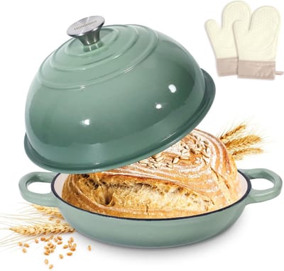 Gietijzeren Braadpan - Broodpan Deksel - Zuurdesem Bakken - Geëmailleerde Afwerking - 22cm Rond - Stofgroen