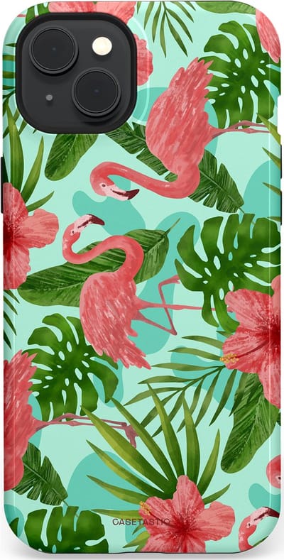 Casetastic hoesje geschikt voor Apple iPhone 15 Plus - MagSafe - Dubbellaagse bescherming - Flamingo jungle - Fashion Case - Mintgroen Koraal