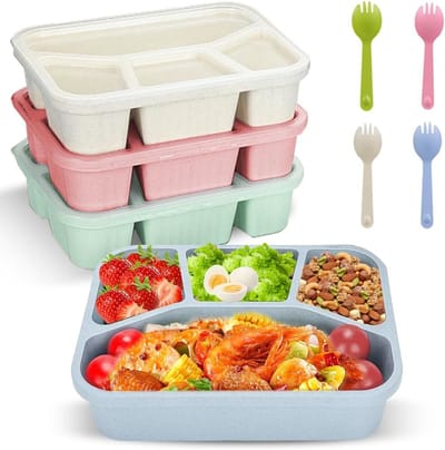 Famanu - Bento Lunchbox, set van 4, met vakken voor volwassenen en kinderen, magnetronbestendig, herbruikbaar, premium lunchbox, ontbijtbox, snackbox, voedselbox met deksel met fruitvork