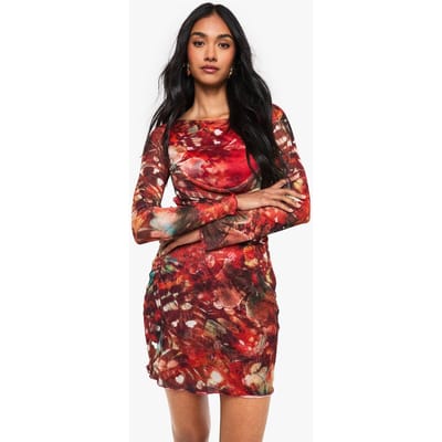 boohoo Dames Abstract Mesh Cowl Detail Mini-jurk | Orange | Maat: 8
