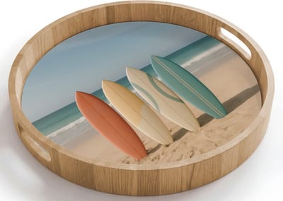 Dienblad rond 40x40 cm - Schootdienblad hout - Strand - Surfbord - Pastel - Borrelplank rechthoek - Plateau houten dienbladen