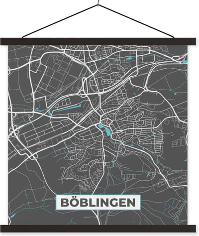 Posterhanger incl. Poster 60x60 cm - Schoolplaat - Böblingen – Stadskaart – Blauw – Plattegrond – Stadskaart – Kaart - Duitsland - Textielposter - Zwarte latten - Stadskaart