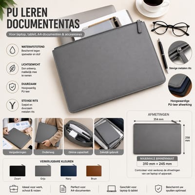 Tas PU Lederen Documententas met Rits – Laptophoes – Geschikt voor Laptop, Tablet, A4-documenten & Accessoires – Waterafstotend – Grijs