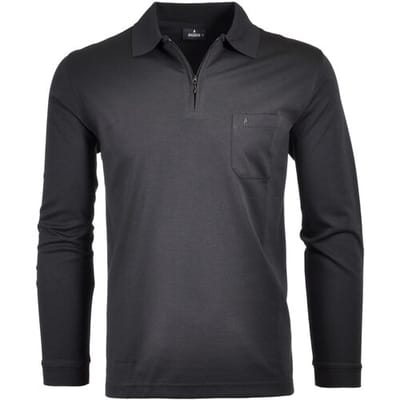 Ragman Zipper Softknit Polo Longsleeve Breast Pocket Zwart / male