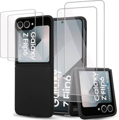 Hoesje + 2x Screenprotector geschikt voor Samsung Galaxy Z Flip 6 / Flip 7 FE – Folie - Liquid Back Case Cover Zwart