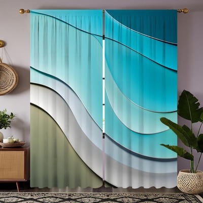 2 pièces HD stéréo vague plage rideau décoratif Bleu rideau imprimé numérique Décoration de style décoration intérieure salon chambre W52H63inchW132H160cm blue