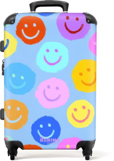 NoBoringSuitcases.com - Grote koffer - Regenboog smiley's op een blauwe achtergrond - Kinderkoffer geschikt voor jongen en meisjes - Reiskoffer met 4 wielen - Trolley op wieltjes - Rolkoffer groot kinderen - 72 liter - Ruimbagage valies 20kg