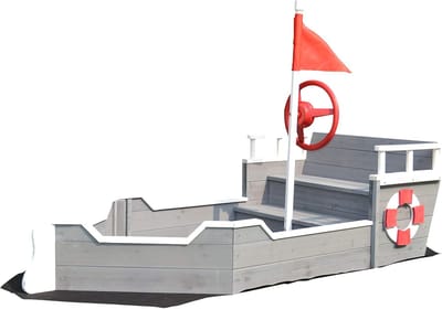 Houten Zandbak - Speeltoestel Boot - Buiten Spelen - Zitbank met Opbergvak - 195 x 94 x 135cm - Grijs