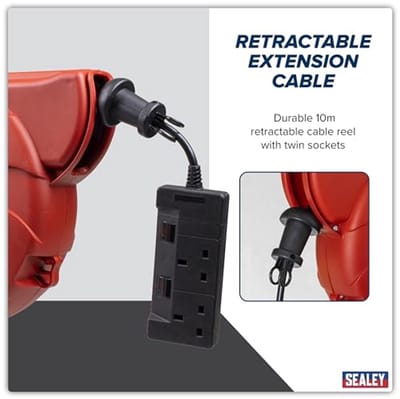 Retractable Cable Reel 10m with Dual 230V Sockets