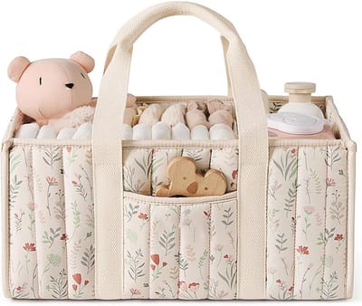 Momy-Babytas-Luxe Luiertasje Zachte Stof – Grote Capaciteit – Afneembare Vakken – Lange Handvatten-Bloemenprint beige 24*17*8 CM