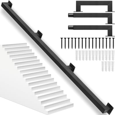 Leuning van vierkante buis van koolstofstaal, stevige wandleuning voor binnen en buiten, trapleuning zwart 7,5 cm hoog, veilig en duurzaam