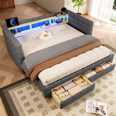 Slaapbank 90 x 190 cm - met uitschuifbaar bed - met USB-C-poort - met lade en opbergvak - met LED-verlichting - zonder matras - grijs