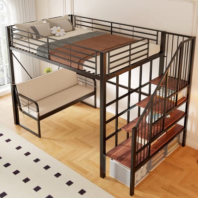 DESMIU Stapelbed 140x200cm - Stapelbed met Uitneembare Gestoffeerde Bank en Opbergtreden - Voor Kinderkamer, Jeugd- en Slaapkamer - Metaal en Hout - Zwart - Zonder matras