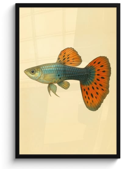 Poster in lijst - Fotolijst 60x90 cm - Posters - Vis - illustratie - Stippen - Oranje - Posterlijst zwart - Decoratie - Wanddecoratie woonkamer - Muurdecoratie slaapkamer