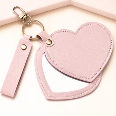 Make-up Spiegel Sleutelhanger Hart Roze – Compacte Zakspiegel Dames – Leren Mini Spiegel – Sleutelhanger Spiegel – Cadeau voor Vrouwen