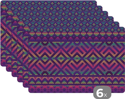 Placemat - Placemats kunststof - Breien - Patronen - Regenboog - 45x30 cm - 6 stuks - Hittebestendig - Anti-Slip - Onderlegger - Afneembaar