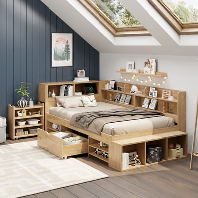 MODENUIT Kinderbed 90x200 cm – Eenpersoonsbed met opbergruimte – Laden en kasten – Met lattenbodem – Zonder matras – Naturel