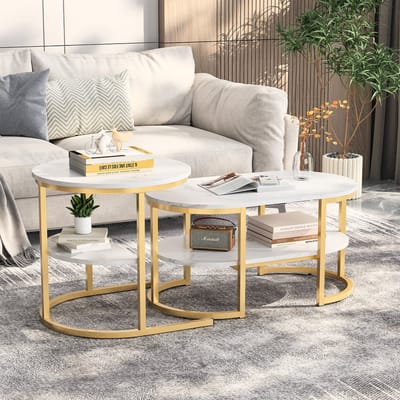 Modern salontafels, set van 2 salontafels met grote opbergruimte, tafelblad met marmermotief en stevige metalen onderstellen, woonkamermeubel
