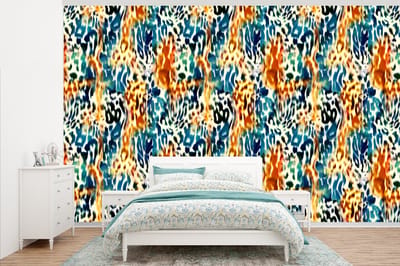 Behang - Fotobehang Oranje - Blauw - Dierenprint - Patronen - Breedte 345 cm x hoogte 220 cm