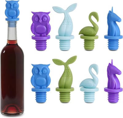 Herbruikbare Siliconen Wijnstopper Set van 8 Stuks met Grip Top voor het Vershouden van Wijn - Lichtblauw, Donkerblauw, Paars, Groen, Perfect voor Flessen en Drankjes
