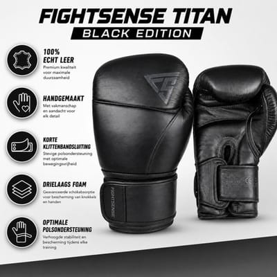 Fightsense Titan Black Edition - 12 oz - Bokshandschoenen – Premium Echt Leer – All Black – Training & Sparren