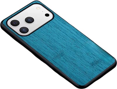 Super stevige hoes geschikt voor iPhone 17 – Luxe Air Case met Bamboe Houtpatroon en Lederen Afwerking, Cyaan, Dun en Schokbestendig Beschermend Premium Telefoonhoesje met Perfecte Pasvorm