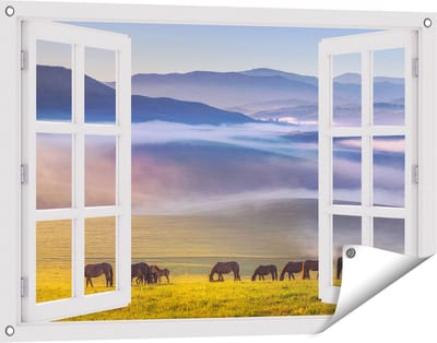 Gards Tuinposter Doorkijk Kudde Wilde Paarden in de Wei bij Heuvels - 90x60 cm - Tuindoek - Tuindecoratie - Wanddecoratie buiten - Tuinschilderij