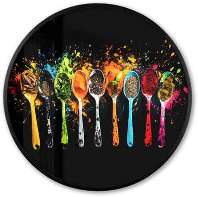Poster in lijst Rond - Fotolijst 60x60 cm - Posters - Lepels - Kruiden - Modern - Graffiti - Verf - Kleurrijk - Ronde posterlijst zwart - Decoratie - Wanddecoratie woonkamer - Muurdecoratie slaapkamer