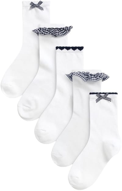 Next - Meisjes - 5 paar enkelsokken voor school met hoog katoengehalte en gingham-ruit - Wit