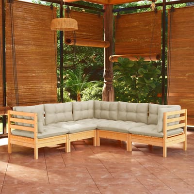 vidaXL - 5-delige - Loungeset - met - crèmekleurige - kussens - massief - grenenhout