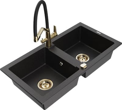 Mexen Mario granieten gootsteen 2-kamer met keukenkraan Duo, zwart/zilveren metallic - 6504-73-671701-57-G