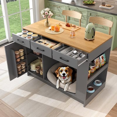 Pugsdrly Keukeneiland, kast met 3 lades, 1 kruidenrek, verstelbare plank, dubbele plank (zonder hondenbak), ruime opbergruimte voor huisdieren (zonder hondenkussen), 120*60*90 cm, grijs