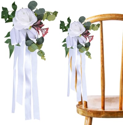 Dailygoods- Stoeldecoratie 4 Stuks Kunstmatige Witte Bloemen - Bruiloft Kerkstoel Decoratie - Roze Bloem met Bladeren - Rugleuning met Linten - Hoogwaardig Materiaal - Bloemdecoratie
