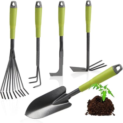 Thijox - 5-delige Tuingereedschapset - Compleet Tuinset met Dubbele Schoffel, Kleine Cultivator, Voegenschraper, Handhark en Bloemenschepje - Ideaal v
