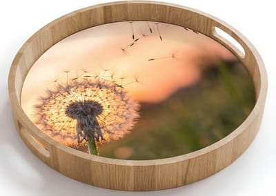 Dienblad rond 40x40 cm - Schootdienblad hout - Paardenbloem - Zonsondergang - Veld - Borrelplank rechthoek - Plateau houten dienbladen