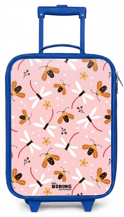 NoBoringSuitcases.com® - Kinderkoffer blauw - Kindertrolley jongen - Lieveheersbeestjes en libellen op roze achtergrond - Koffer kind lichtgewicht - Reiskoffer trolley voor kinderen - Koffertje met lichtgevende wieltjes - Rolkoffer