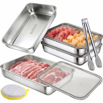 Dailygoods- Vleesdozen 4 Stuks - Roestvrij Staal - Stapelbaar - Vaatwasmachinebestendig - Koelkastorganizer - Hittebestendig - Voedseldozen