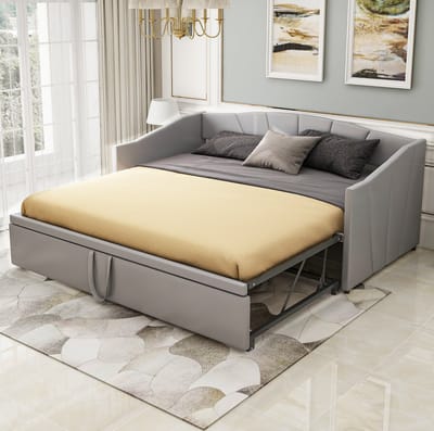 MEUNIQ slaapbank 90/180 x 200 cm met uitschuifbaar bedframe, lattenbodem, rugleuning en armleuningen, gestoffeerd in grijs, zonder matras