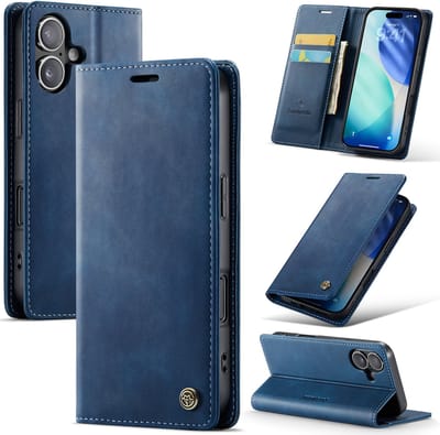 Casemania Hoesje Geschikt voor Apple iPhone 17 - Navy Blue - Luxe Kunstleer Dunne Telefoonhoesje met Pasjeshouder en Standaardfunctie - Slim Wallet Case - Donker Blauw