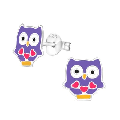 Aramat Jewels | Oorbellen | Hippe Zilveren Uiltjes Oorbellen - Paars Emaille - Cadeautip | | | |7mm | Zilver | Kinderen | Verkleurd niet