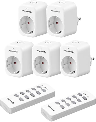 Programmeersysteem voor Draadloze Stekkerdozen met 5 Stopcontacten en 2 Afstandsbedieningen, 10 A 2300 W, Tot 30 m Bereik in Openlucht, Set van 5