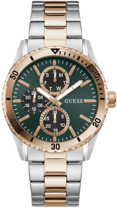 Guess Velocity Quartz Analoog Horloge Zilverkleurig En Roségoudkleurig Kast Gemaakt Van 100% Roestvrij Staal En Een Band Van 100% Roestvrij Staal 43 GW1061G1, GW1061G2, GW1061G6, GW1061G7