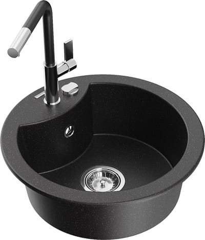 Mexen Diego granieten gootsteen 1-kamer met keukenmengkraan Flora, zwart/zilver metallic - 6512-73-670401-07