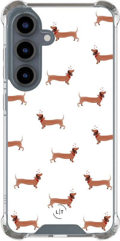 Shockproof hoesje - Geschikt voor Samsung Galaxy S25 - Teckels - Extra sterke case - TPU/polycarbonaat - Print / Illustratie - Bruin, Transparant
