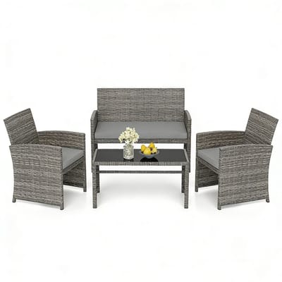 KOMFOTTEU 4-delige tuinset, buitenmeubelen van PP-rotan voor balkon met salontafel van gehard glas, 2-zitsbank, 2 fauteuils, kussens, balkonbank voor terras, balkon, tuin