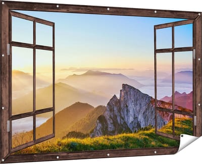 Gards Tuinposter Doorkijk Zonsopkomst in de Bergen in de Alpen - 180x120 cm - Tuindoek - Tuindecoratie - Wanddecoratie buiten - Tuinschilderij