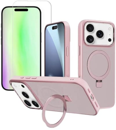 Backcover met onzichtbare standaard [Compatibel met MagSafe] Schokbestendig Hoesje - Geschikt voor: Apple iPhone 17 Pro - Roze + 2x Screenprotector